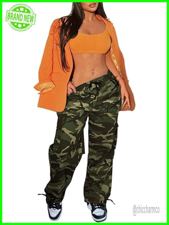 Pants - Camo Cargo Pants, Drawstring Elastic Waist, Baggy Wide Leg, 6 Pockets, Hiking